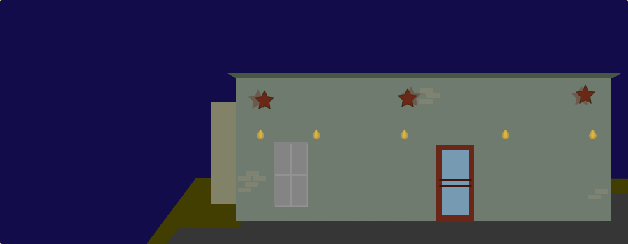 Nighttime building facade with door and window