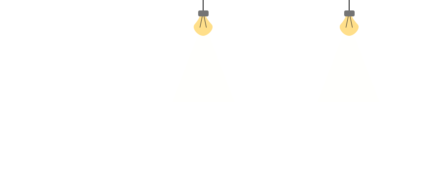 Two hanging lightbulbs casting spotlights on dark background